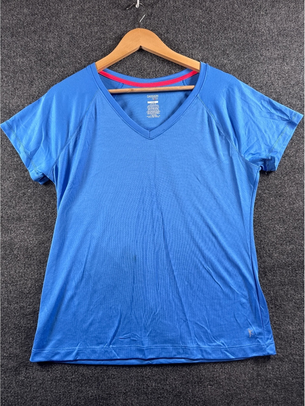 Danskin Now Womens Large 12-14 Blue V Neck Short Sleeve Athletic Workout Shirt